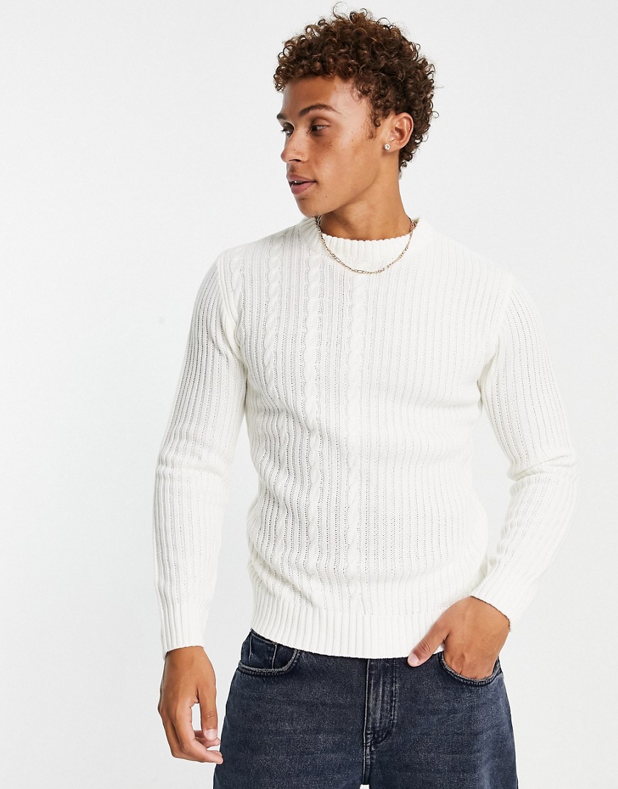 split jacquard knit sweater in ecru-White
