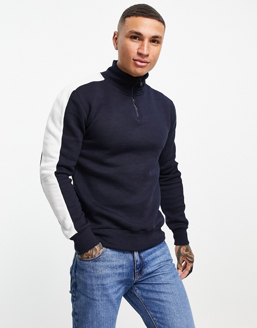 Le Breve - Sweatshirt met korte rits en kleurvlak in marineblauw