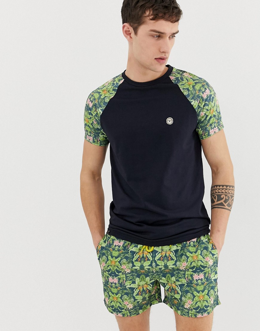 Le Breve - T-shirt met raglanmouwen en tropische print, combi-set-Marineblauw