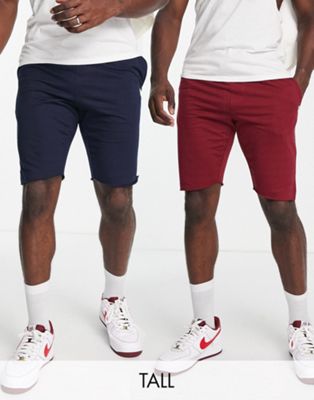 Le Breve Tall 2 Pack raw edge jersey shorts in navy & burgundy