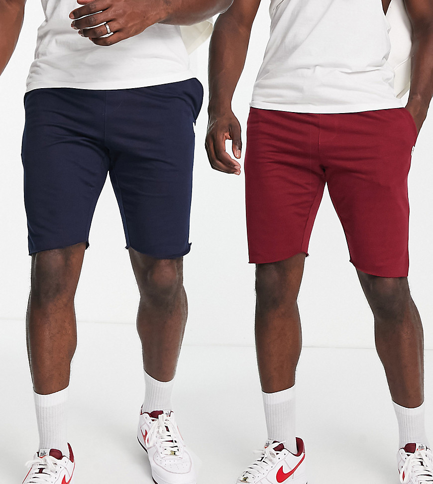 Tall 2 Pack raw edge jersey shorts in navy & burgundy-Multi