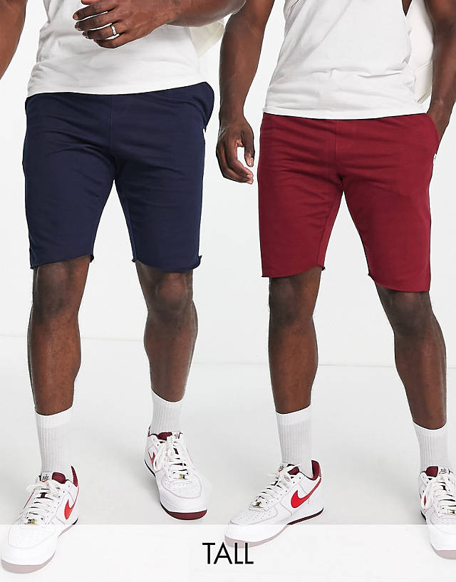 Le Breve - tall 2 pack raw edge jersey shorts in navy & burgundy