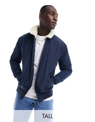 Le Breve Tall Aviator Jacket With Borg Collar In Navy