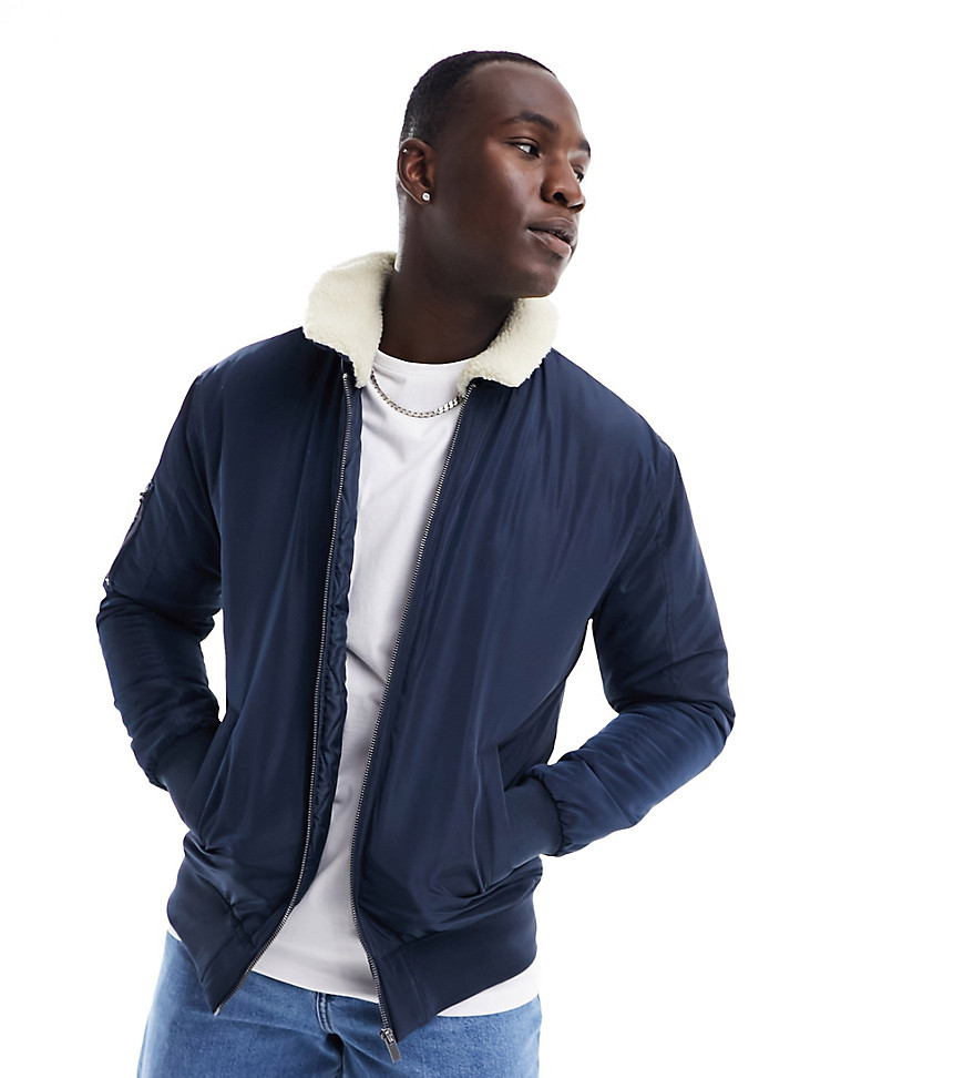 Le Breve Tall Aviator Jacket With Borg Collar In Navy