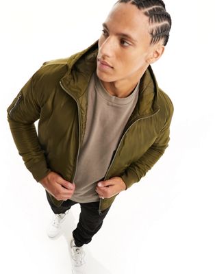 Le Breve Tall bomber jacket with hood in khaki - ASOS Price Checker