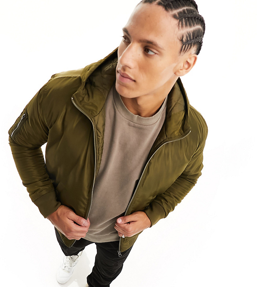 Le Breve Tall Bomber Jacket With Hood In Khaki-green