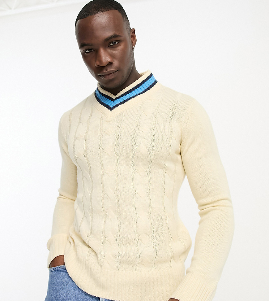 Le Breve Tall cable knit chunky contrast v neck jumper in ecru-White
