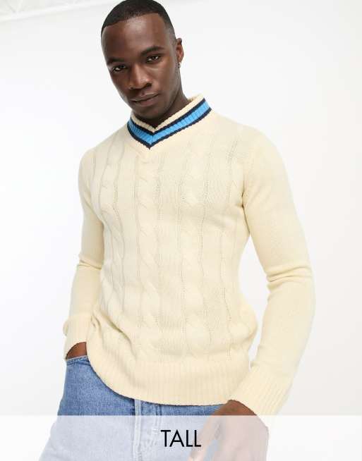 Le Breve Tall cable knit chunky contrast v neck sweater in ecru