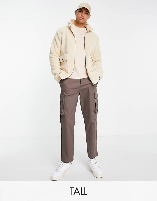 Le Breve - tall funnel neck borg jacket with pockets in beige