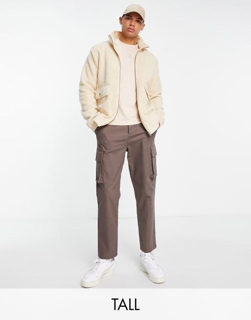 Le Breve Tall funnel neck borg jacket with pockets in beige | ASOS