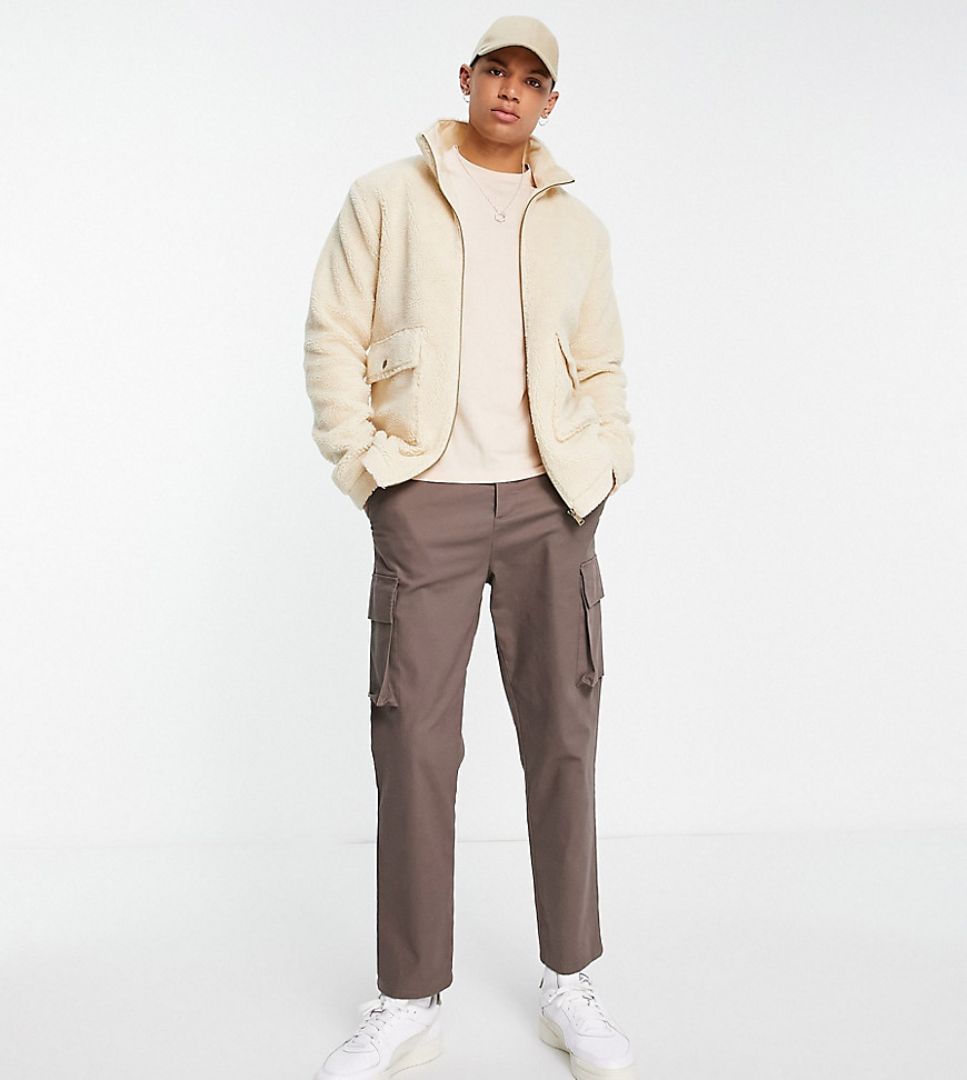 Le Breve Tall Funnel Neck Teddy Jacket With Pockets In Beige-neutral