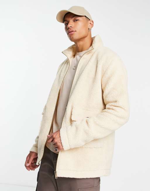 Le Breve Tall funnel neck teddy jacket with pockets in beige