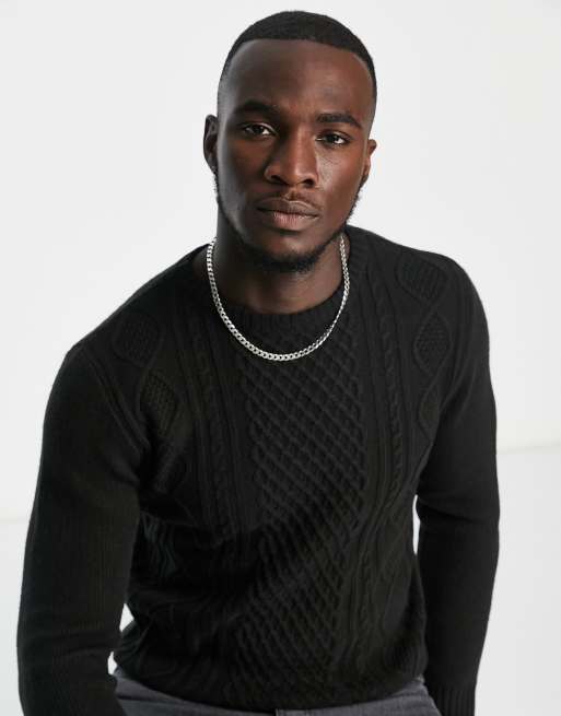 Le Breve Tall - Maglione nero in maglia lavorata a trecce e rombi, 4 di 4