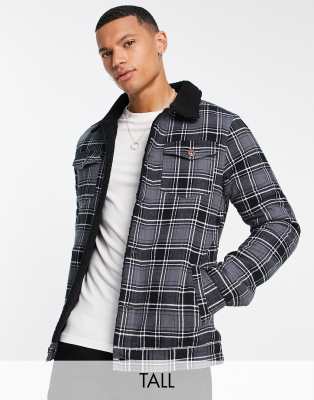 Le Breve Tall Plaid Jacket With Teddy Collar & Lining In Black