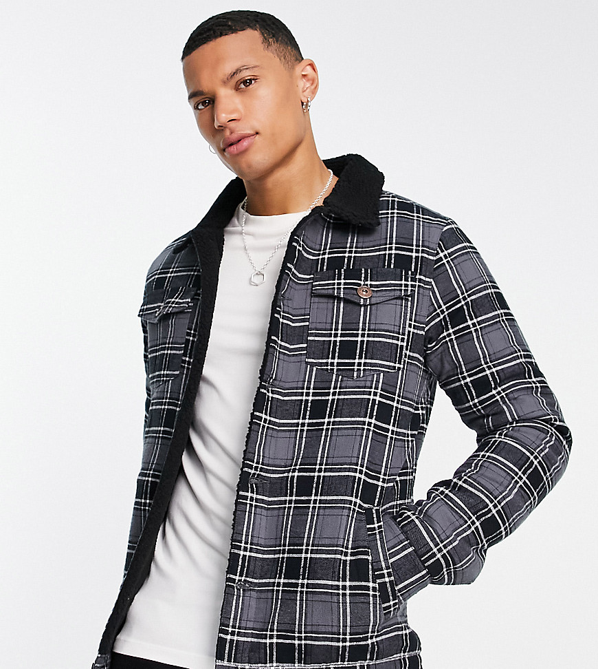 Le Breve Tall Plaid Jacket With Teddy Collar & Lining In Black
