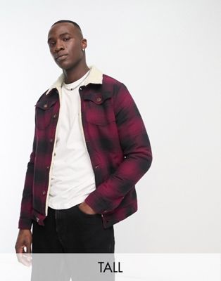 Le Breve Tall check jacket with borg collar & lining in burgundy - ASOS Price Checker