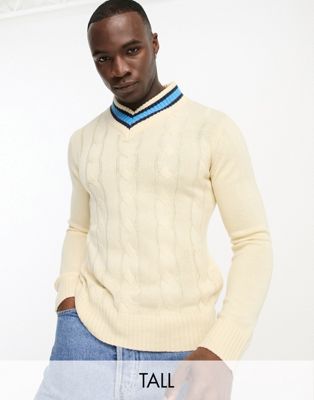 Le Breve Tall cable knit chunky contrast v neck jumper in ecru - ASOS Price Checker
