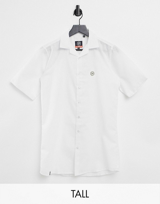 Le Breve Tall short sleeve linen mix revere collar shirt in white