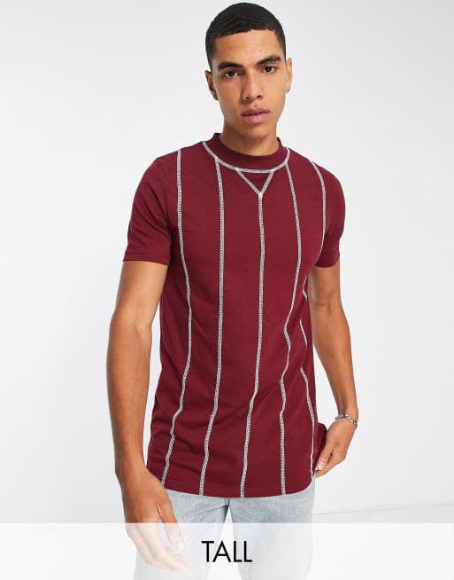 Le Breve Tall verticle stitch t-shirt in burgundy | ASOS