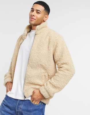 Le Breve teddy fleece bomber jacket in cream-White