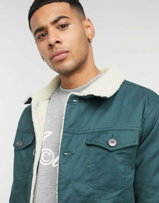 Le Breve twill teddy lined jacket in green