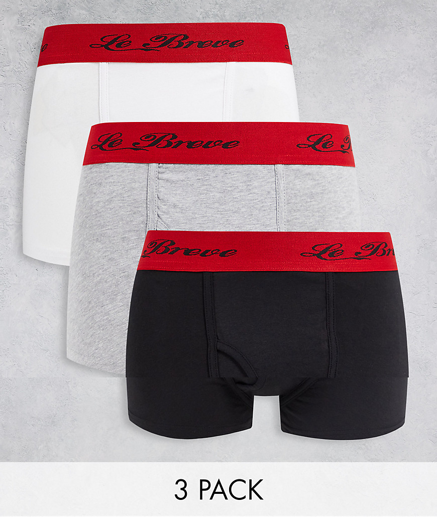 Le Breve – Unterhosen in Schwarz, Grau und Weiß mit Schriftzug-Logo am Bund im 3er-Pack-Bunt