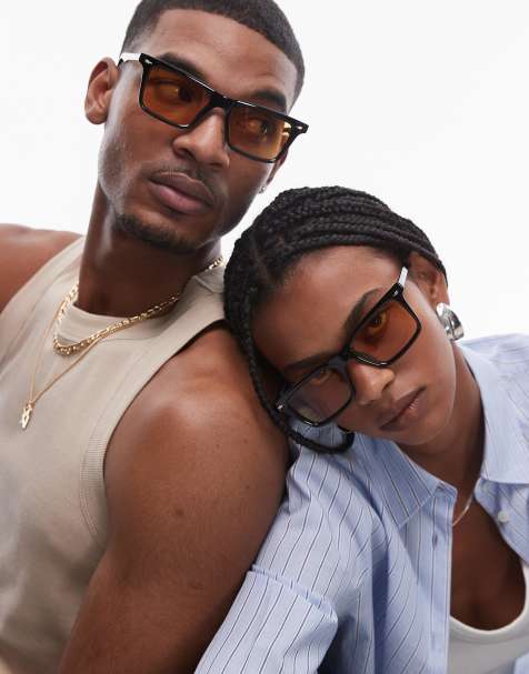 Le Specs – Broski – Eckige Sonnenbrille in Schwarz mit bernsteinfarbenen Gläsern - view 1