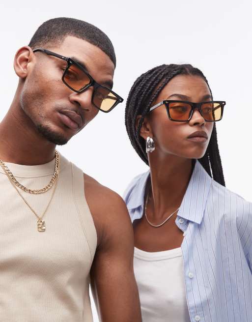 Le Specs broski square sunglasses in black with amber lens  display picture 1