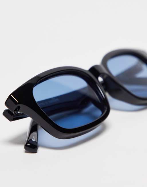 Le Specs carmito rectangle blue lens sunglasses in black | ASOS display picture 1