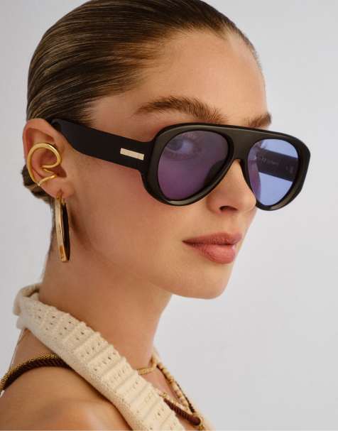 Le Specs dreamboat shield sunglasses in black with blue lens  - view 1