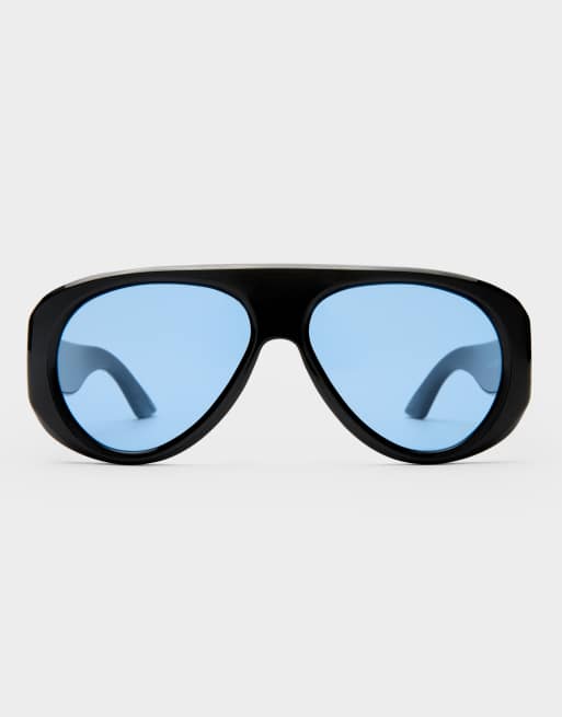 Le Specs dreamboat shield sunglasses in black with blue lens , 3 of 3