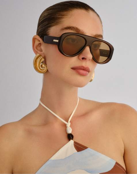 Le Specs dreamboat shield sunglasses in chocolate brown with brown lens - view 1