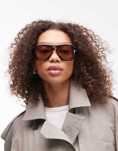 Le Specs Drizzle bevelled aviator sunglasses in black with yellow lens - view 1