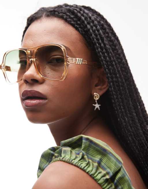 Le Specs - Fortune Teller - Oversized aviator zonnebril in zandkleur met groene glazen met kleurverloop