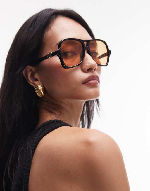 Le Specs - Fortune Teller - Sorte oversized aviator-solbriller med ravfarvede glas