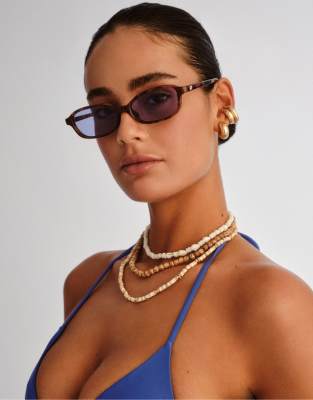 Le Specs - Honey Pot - Schmale, rechteckige Sonnenbrille in Schildpatt-Optik mit blau getönten Gläsern-Brown