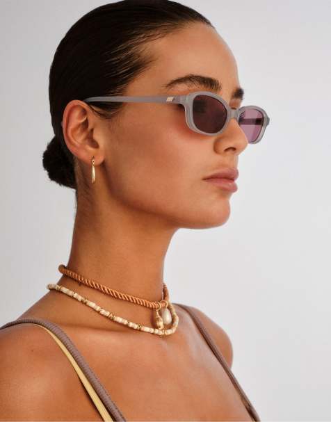 Le Specs Honey Pot slim rectangular sunglasses in grey with smokey brown lens - view 1