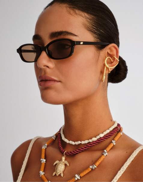 Le Specs - Honey Pot - Sorte smalle rektangulære solbriller med brune glas - view 1