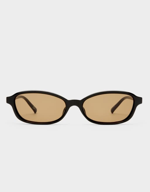 Le Specs – Honey Pot – Svarta, smala, rektangulära solglasögon med bruna glas, 2 av 3