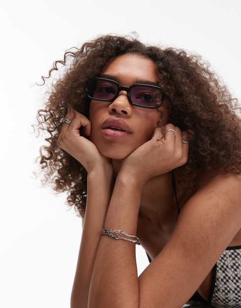 Le Specs pilferer rectangle sunglasses in black with lilac tint lens - view 1