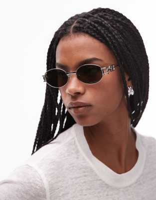 Le Specs Le Specs the forbidden slim oval metal sunglasses in black and gold with green lens-Silver