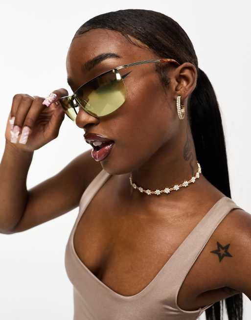 Le Specs - Y20K zonnebril zonder rand in goud en marineblauw, 2 van 4