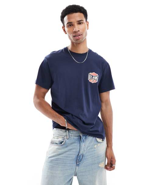 Lee - Archive - T-shirt met ruimvallende pasvorm en logo op de borst in marineblauw - view 1