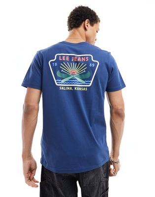 Lee back canoe logo print t-shirt in dark blue-Navy