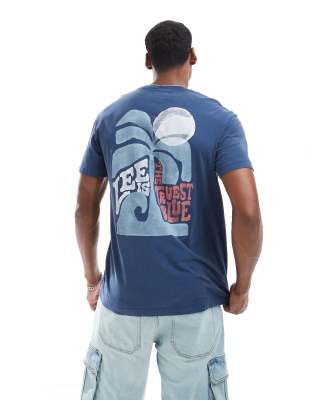 beach back print relaxed fit t-shirt in mid blue