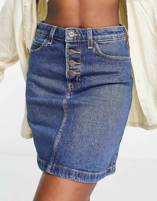 Lee – Blauer Denim-Minirock mit Knopfleiste auf der Vorderseite