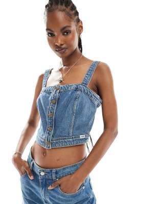 Lee button front denim corset top in dark wash-Navy