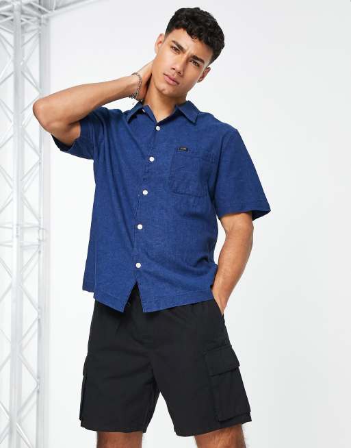 Lee - Camicia a maniche corte comoda stile resort in cotone e lino blu indaco