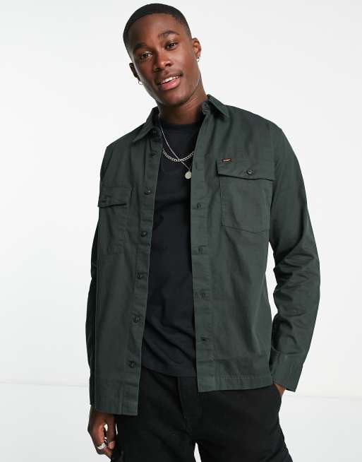 Lee - Camicia comoda multitasche in twill verde scuro con etichetta con logo
