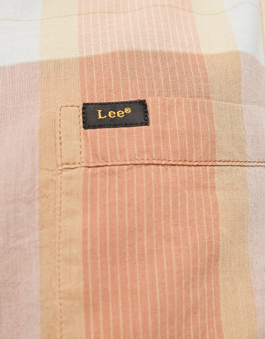 Camicia resort a maniche corte comoda color cuoio a quadri-Brown - Lee Camicia donna  - immagine3